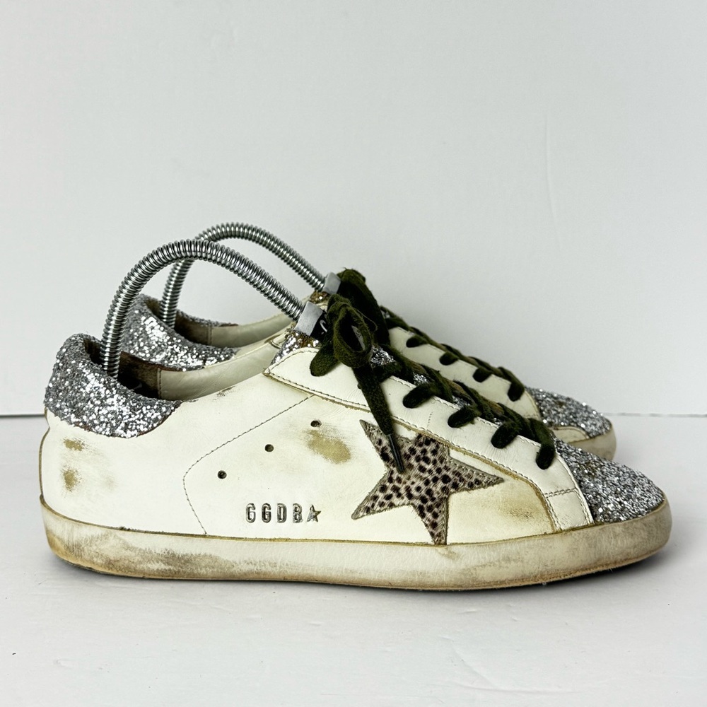 Golden Goose White Sneakers with Silver Glitter and Leopard Star Size 39